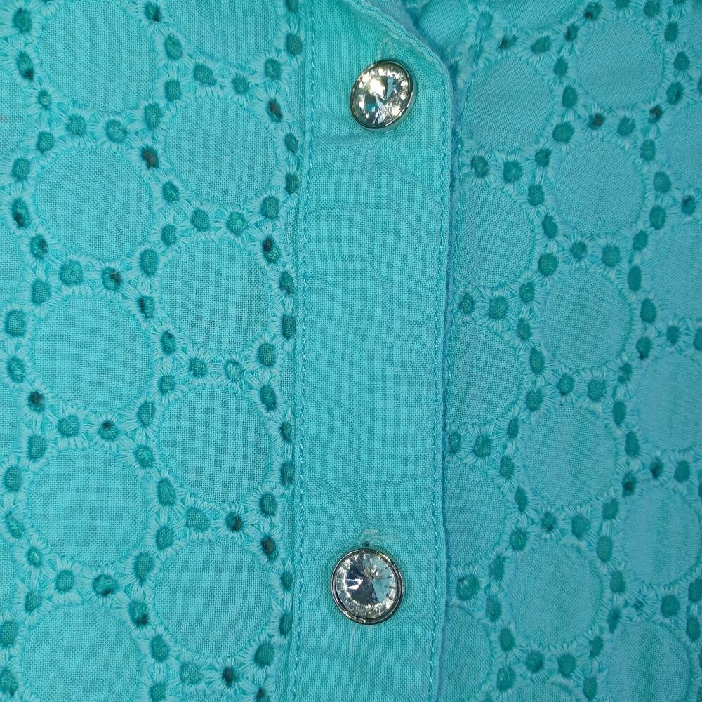 Birch Hill Women Embroidered Eyelet Button Up Top XL Aqua Cotton Resort Beach - Picture 6 of 10
